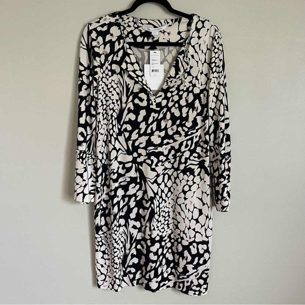 DIANEvonFURSTENBERG New Reina Two Feather Leopard Black Silk Shift Dress Size 14